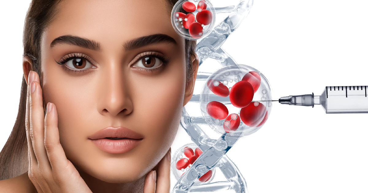Woman touching smooth face with DNA helix, syringe, and red blood cells representing Sculptra treatment in Yardley, PA.