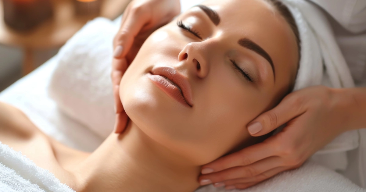 Woman getting a BabyGLO™ Facial Rejuvenation in Yardley, PA, with towel-wrapped head and warm candlelight background.