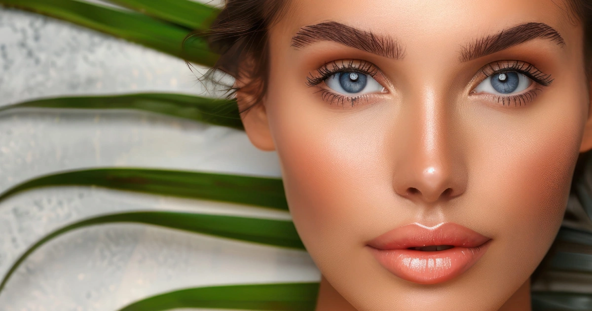 Woman with glowing skin against palm leaves, showcasing Renuva in Yardley, PA.